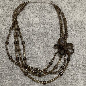 Layered Brown Beaded Necklace with Floral Crystal Accent